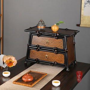 Bamboo Woven Tea Cabinet Lacquered Double Drawer Chinese Style Storage Box <b>Tabletop</b> Tea Set Organizer - Product Image 4