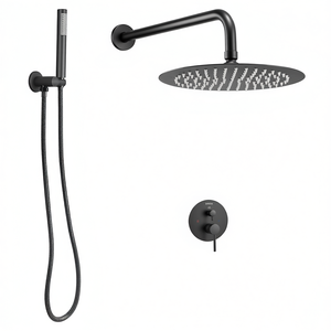 Ensemble de douche mural moderne noir mat 10 pouces avec pommeau pluie, système de pulvérisation à main et kit de garniture en laiton - Product Image 1