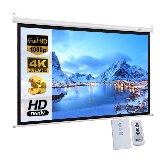 HD Electronic 92 Inch Remote Control Projector Screen 16:9 Motorized Wall Mount Matte White for 3D Cinema Office Projector