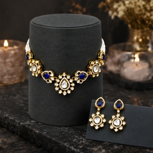 Elegant 925 <b>Silver</b> Necklace and Earrings Set with Blue and White Stones Traditional Indian Bridal Jewelry for Women - Product Image 2