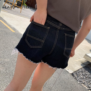 Shorts de Mezclilla para Mujer Talla Grande, Negros, Desgastados, con Borde Deshilachado, Cintura Alta, Estilo Veraniego N6979 - Product Image 2