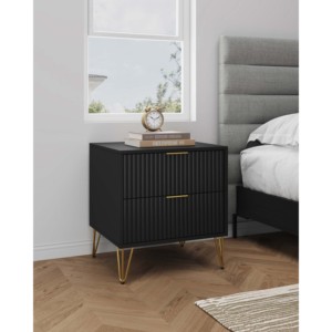 Black Nightstand With Gold Legs And Ribbed <b>Drawers</b> Modern Bedroom <b>Storage</b> <b>Drawer</b> Unit - Product Image 2