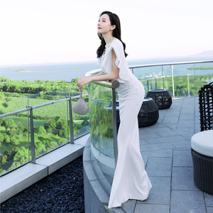 16336 # Toast mariée longue épaule rouge appréciation dîner Slim-fit robe en queue de poisson mariage soirée femme - Product Image 2