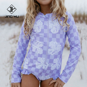 Traje de baño de una pieza para niñas, con estampado floral a cuadros, con cremallera, personalizado, ecológico, de nailon, para la playa, novedad de verano. - Product Image 1