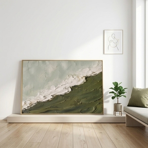 Peinture Paysage Marin Minimaliste Originale Faite à la Main, Vert Olive et Blanc, en Plâtre Texturé, sur Toile Épaisse en Mousse, Style Wabi Sabi, <span class=keywords><strong>Roya</strong></span> - Product Image 2