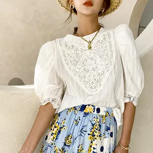 OEM French Wholesale White Blouse Top Lace Short Sleeve O Neck Women Tops Blouses