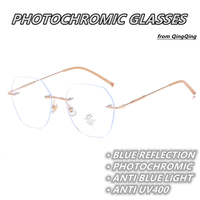 Lunettes photochromiques sans monture anti-lumière bleue Qingqing 2025 – Nouveauté homme/femme, grandes montures polygonales, verres photogray anti-reflet, monture bleue pour femme