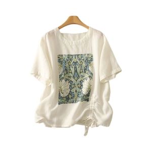 White Cotton <b>Linen</b> Printed Short Sleeve <b>Top</b> With Drawstring Loose Fit Casual Women's <b>Plus</b> <b>Size</b> Summer T-Shirt - Product Image 5