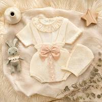 Combinaison bébé Kaiyue, combinaison en coton personnalisée, ensemble tricoté violet 2 pièces avec bonnet, nœud en dentelle, adorable combinaison pour bébé fille, vêtements pour nouveau-né