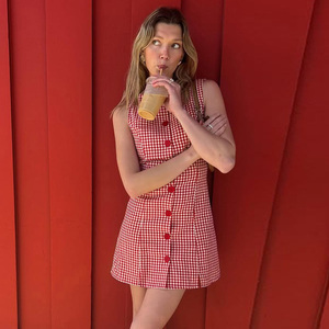 Women's Plaid Sleeveless Mini Dress Crew Neck Tie Waist Ruffle Hem Woven Casual Office Commute Summer Dress - Product Image 4