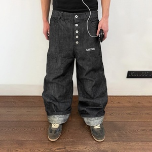 Clothes for Men Custom Streetwear <b>Jeans</b> Casual Wide Leg Baggy <b>Jeans</b> Oversized Heavyweight <b>Button</b> <b>Fly</b> Black Designer <b>Jeans</b> - Product Image 1