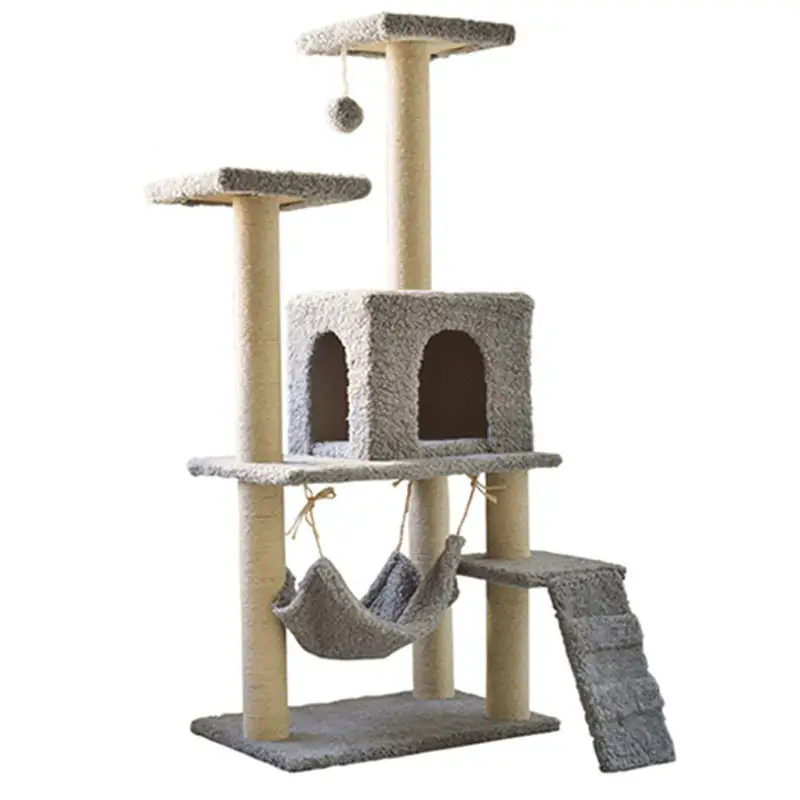 wooden Cat climbing frame with Padded Plush Perch cat tower tree condo Cozy Hammock and Sisal Scratching Posts For large cats