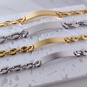 Chunky Stainless Steel 18K Gold PVD Plated Curved Bar <strong>Bracelet</strong> Coffee <strong>Bead</strong> Chain <strong>Bracelet</strong> for Women Men Laser Engraved Jewelry - Product Image 2