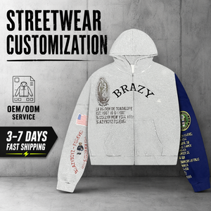 Sweat-shirt surdimensionné épais à capuche avec logo personnalisé OEM, manches contrastantes, empiècements aux coudes, impression graphique et fermeture éclair intégrale pour marque - Product Image 1
