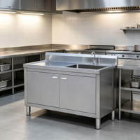 Évier commercial en acier inoxydable avec table de travail et armoire intégrée, tailles et matériaux personnalisables pour la vaisselle et le lavage des légumes en cuisine