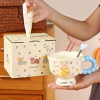 Mug en céramique créatif, motif chiot mignon et ours de dessin animé, résistant aux micro-ondes et aux hautes températures, cadeau pour couple, cuillère offerte, souvenir d'anniversaire