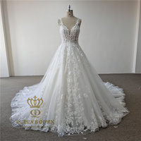 QUEENS GOWN A-ligne robe de mariée col en V profond broderie dentelle sans manches longue Train robes de mariée