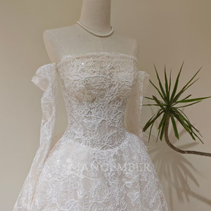 LY89 Modern Classic Boat Neck Long Floor-Length Lace Floral Crystal Appliques Wedding <b>Bridal</b> Gown Dresses - Product Image 3