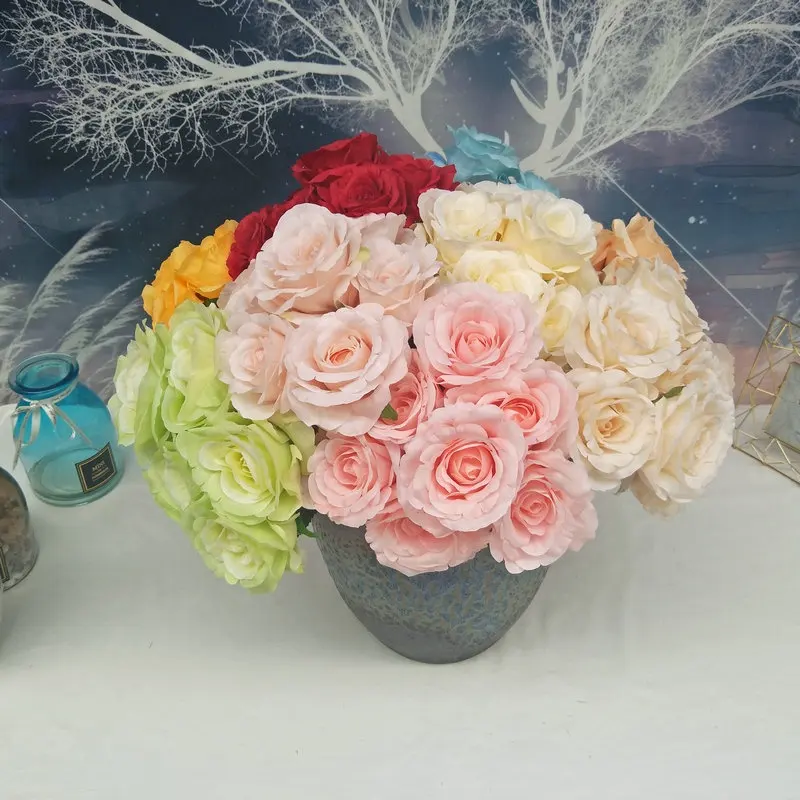 Garfo de plástico artificial, 7 cabeças, 45cm, toque real, flores artificiais, azul, rosa de seda, urso, noivado preservado