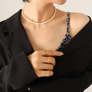 Aimgal fashion jewelry collana a doppio strato di perle d'acqua dolce naturali in acciaio inossidabile 316 placcato oro 18 carati