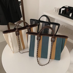 Nouveau Sac Seau en Toile Rayé Style Coréen 2026 Grande Capacité avec Chaîne, Deux Bretelles et Fermeture Éclair pour l'École et les Femmes - Product Image 1