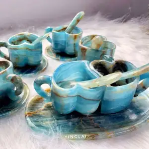 Natural gem stones hand carved blue onyx heart shape crystal mugs set healing crystals trophy