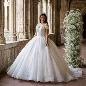 Robes de mariée princesse en dentelle Lsany206, robes de mariée à bretelles fines avec appliques et plis, robes de mariée de bal Jancember - Product Image 1