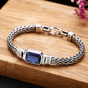 Bracciale in argento Sterling 925 per uomo intrecciato a mano intarsiato bracciale in zircone blu gioielli Punk retrò tipo maschile - Product Image 5