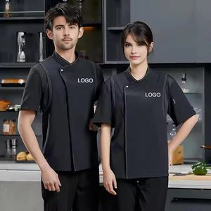 Unisex White Press <strong>Button</strong> Chef Jacket Men's Work Shirt Short Sleeves Hotel Restaurant Employees Housekeeper Coat - Product Image 2