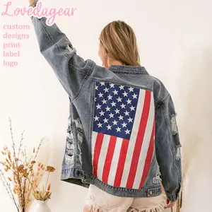 Loveda Custom Private Label Women Ripped Frayed Jean Jackets 4th of July Button Down American Flag Print Denim Jackets