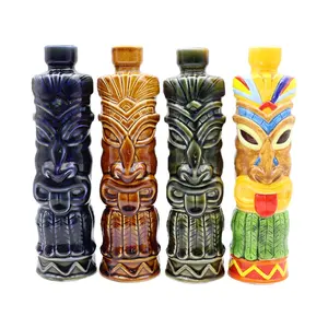 Botella de cerveza vacía estilo tropical de playa hawaiana hecha a mano personalizada contenedor de bebida botella de vino de cerámica Tiki clásica marrón