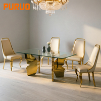 Table à manger en verre trempé transparent en acier inoxydable de luxe léger, finition dorée, 6 places, fabrication OEM en Chine