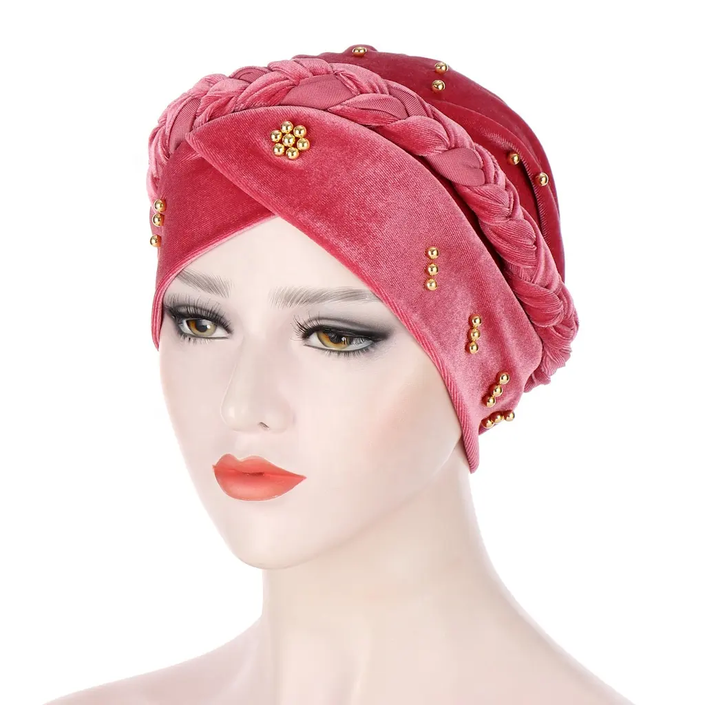 Wholesale Luxury Headscarf Hat Nail Beads Korean velvet Braid Hat Fashion Turban Head Wrap Headwear Hat Beanie for Ladies