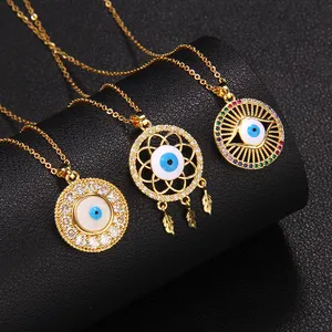 High Quality Hip Hop 18k Gold Plated Brass Blue Oil Drop Enamel Iced Out Cubic Zirconia Evil Eyes Shape Pendant Necklace