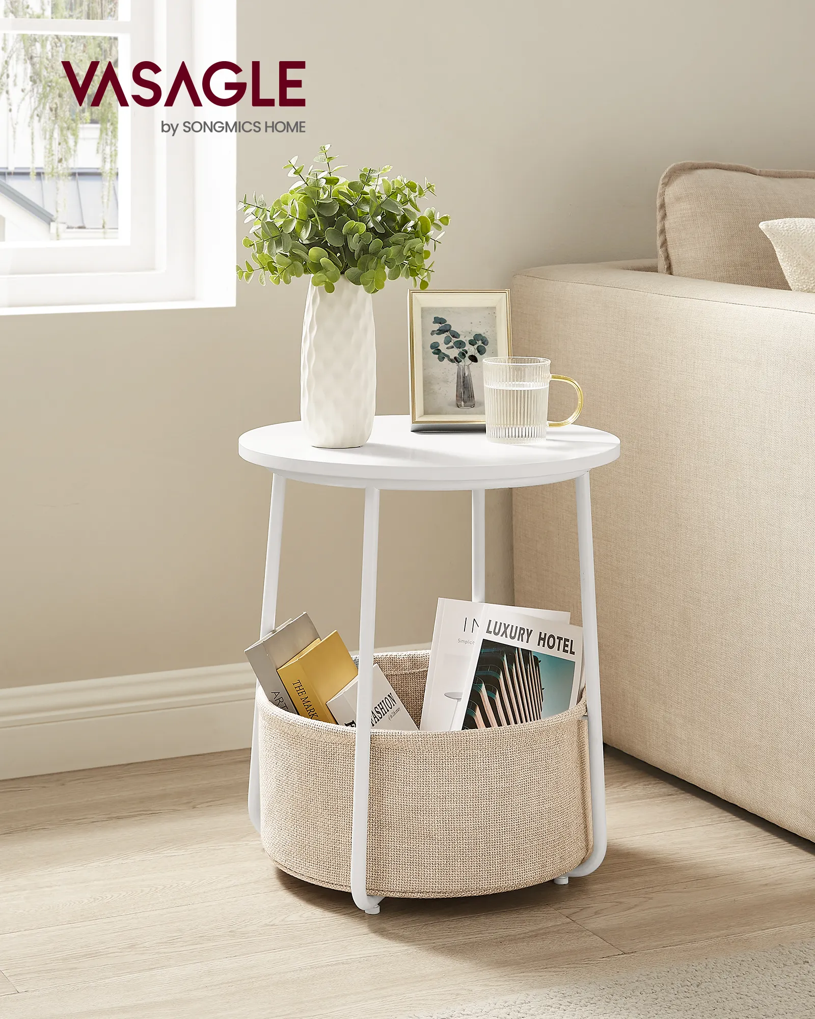 VASAGLE small round side table Living room table with fabric basket multi-function coffee table with storage