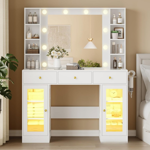 Comò in Legno Bianco con Specchio Illuminato e Stazione di Ricarica, Design Contemporaneo Ecologico e Durevole per Camera da Letto delle Ragazze, 3 Modalità di Illuminazione - Product Image 3