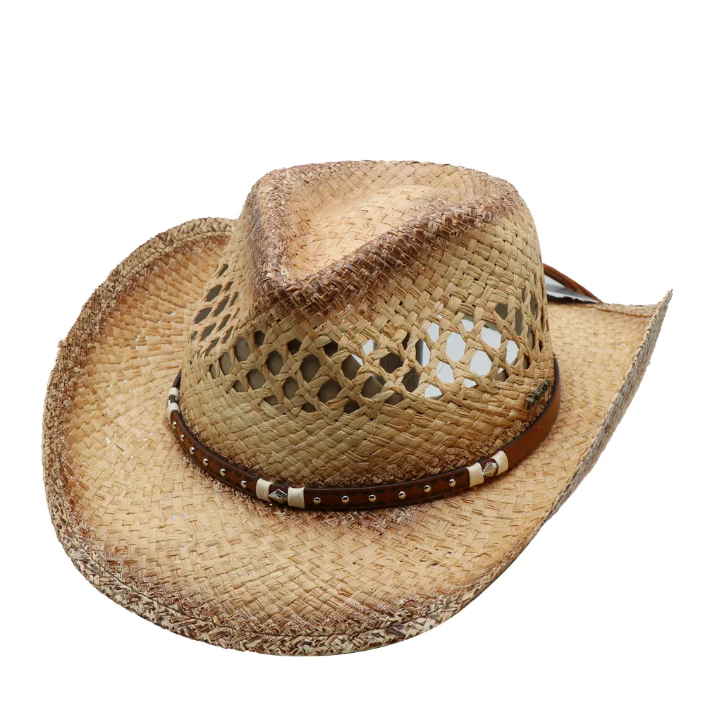 Chapéus de cowboy ocidentais por atacado, chapéu de cowboy de palha com logotipo bordado da moda, novo design, ráfia