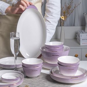 Vajilla Francesa de Porcelana Fina, Plato, Tazón y Palillos de Cerámica, Nuevo Juego de Cena de Lujo Ligero con Degradado Morado, 72 Piezas de Cerámica - Product Image 3