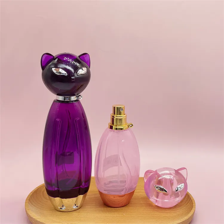 Flacons de parfum en verre de 60ml 75ml rose violet vide rond en forme de chat