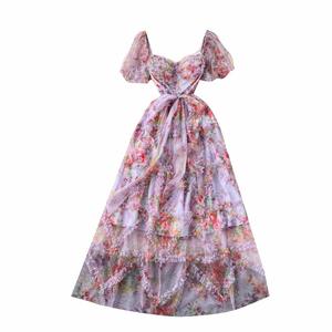 Vestido Midi Casual de Mujer con Estampado Digital Tejido Estilo Hada Primaveral, Ecológico, Corte A, Ajustado, con Volantes, Cintura Imperio y Manga Corta de Malla - Product Image 5