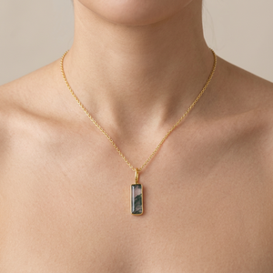 Minimalist jewelry natural stone moss agate bar shape pendant charms solid brass 18k gold plated bezel set <b>cable</b> chain necklace - Product Image 1