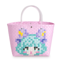 Panier de rangement multifonctionnel en plastique PP tissé rose carré personnalisé, avec poignées, fait à la main, écologique, imperméable, pour la maison