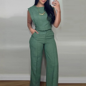 Women's Round Neck Short <b>Top</b> & Straight-Leg Pants Casual 2-Piece Set Fashion - Product Image 4