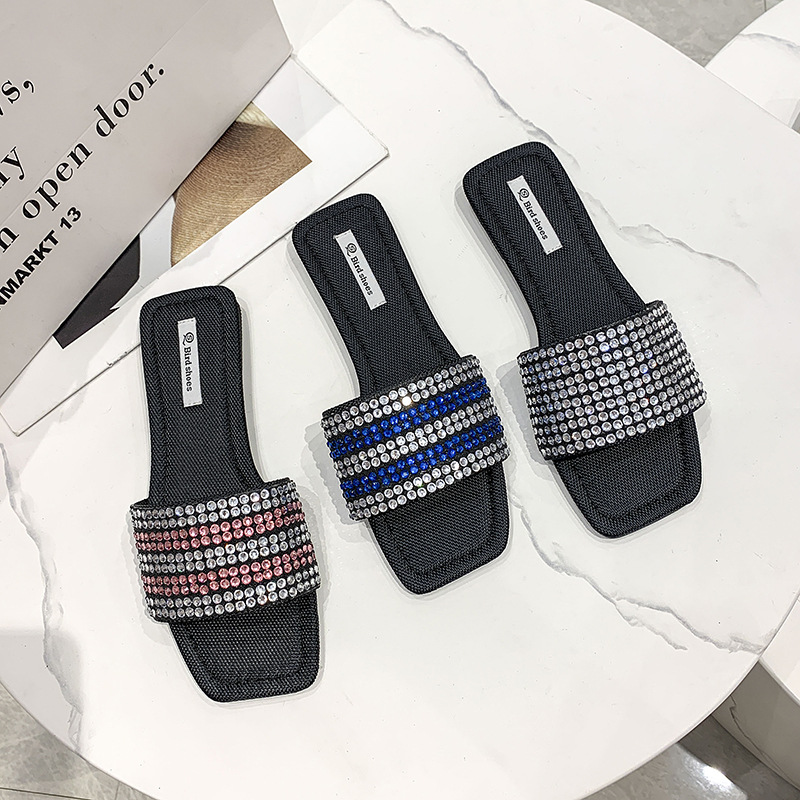 2023 Women Rhinestone Flat Sandals Slippers Square Head Casual Slide Summer Beach Shoes