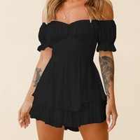Mono de chifón con hombros descubiertos, manga farol, color liso, informal, para verano 2026 - ¡Gran oferta!