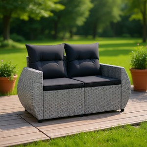 Sofá de Jardín de Ratán Gris de Dos Plazas con Patas Ajustables, Muebles de Exterior de Diseño Contemporáneo con Cojín Impermeable - Product Image 2