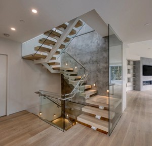 Scale in legno per la casa Villa, scala personalizzata con corrimano in acciaio inossidabile, design moderno con scala interna - Product Image 5