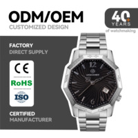 Montre pour homme personnalisée Nonagon, boîtier en acier inoxydable 316, verre saphir, cadran à motif pressé, 3 aiguilles, date, montre à quartz OEM/ODM