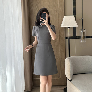 Grey Bodycon Dress Peter Pan Collar Solid Color Professional Career Dress Women's Work Uniform Summer Style - Product Image 1