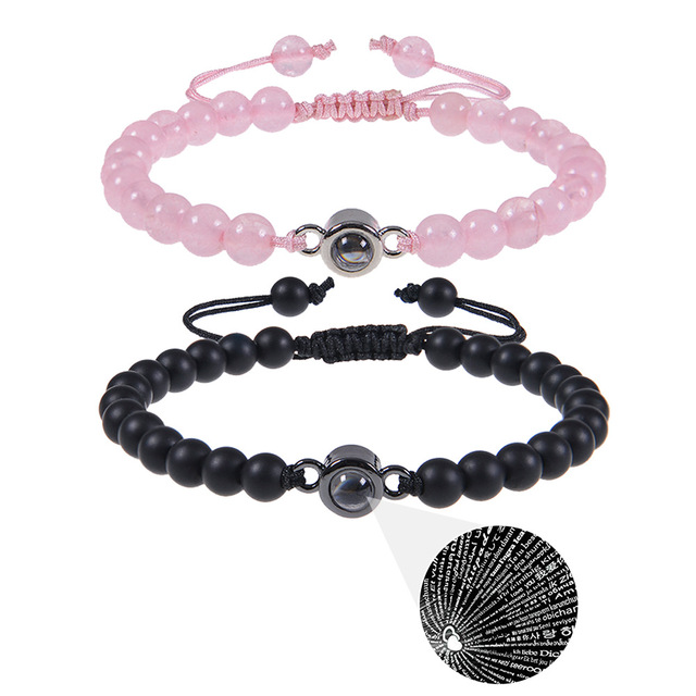 Fashion I Love You Couples Bracelets Crystal Black Turquoise Beaded Bracelet 100 Languages Projection Bracelet for Couple